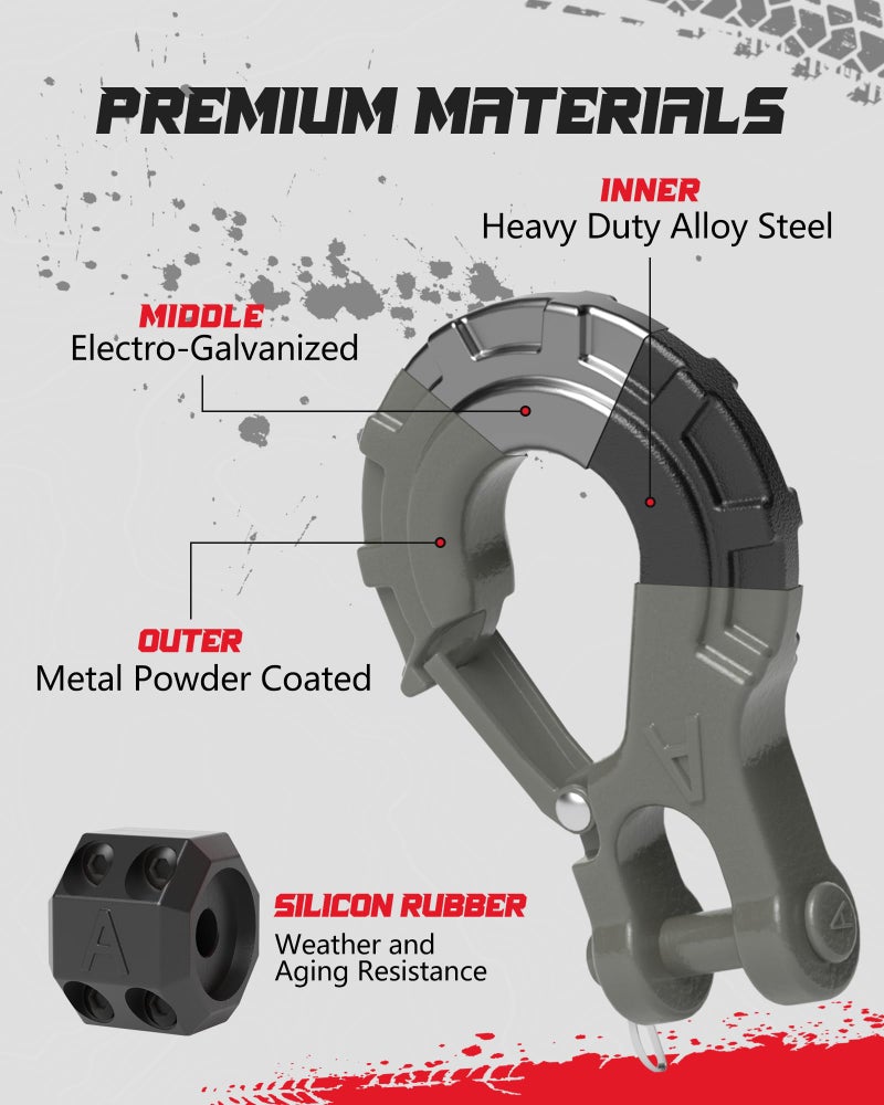 AMBULL 3/8" Winch Hook & Winch Cable Hook Stopper Sets, Heavy Duty Grade 70 Forged Steel Recovery Hook with Safety Latch, Included Allen Wrench,Max 37,478 Lbs, Grey - Image 2